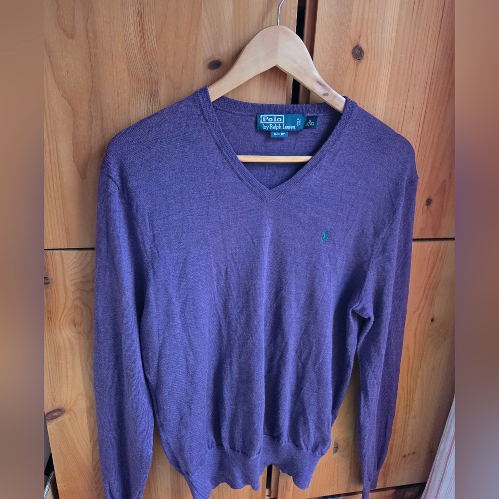 Polo Ralph Lauren Men's Purple Merino Wool V Neck Sweater Size Medium